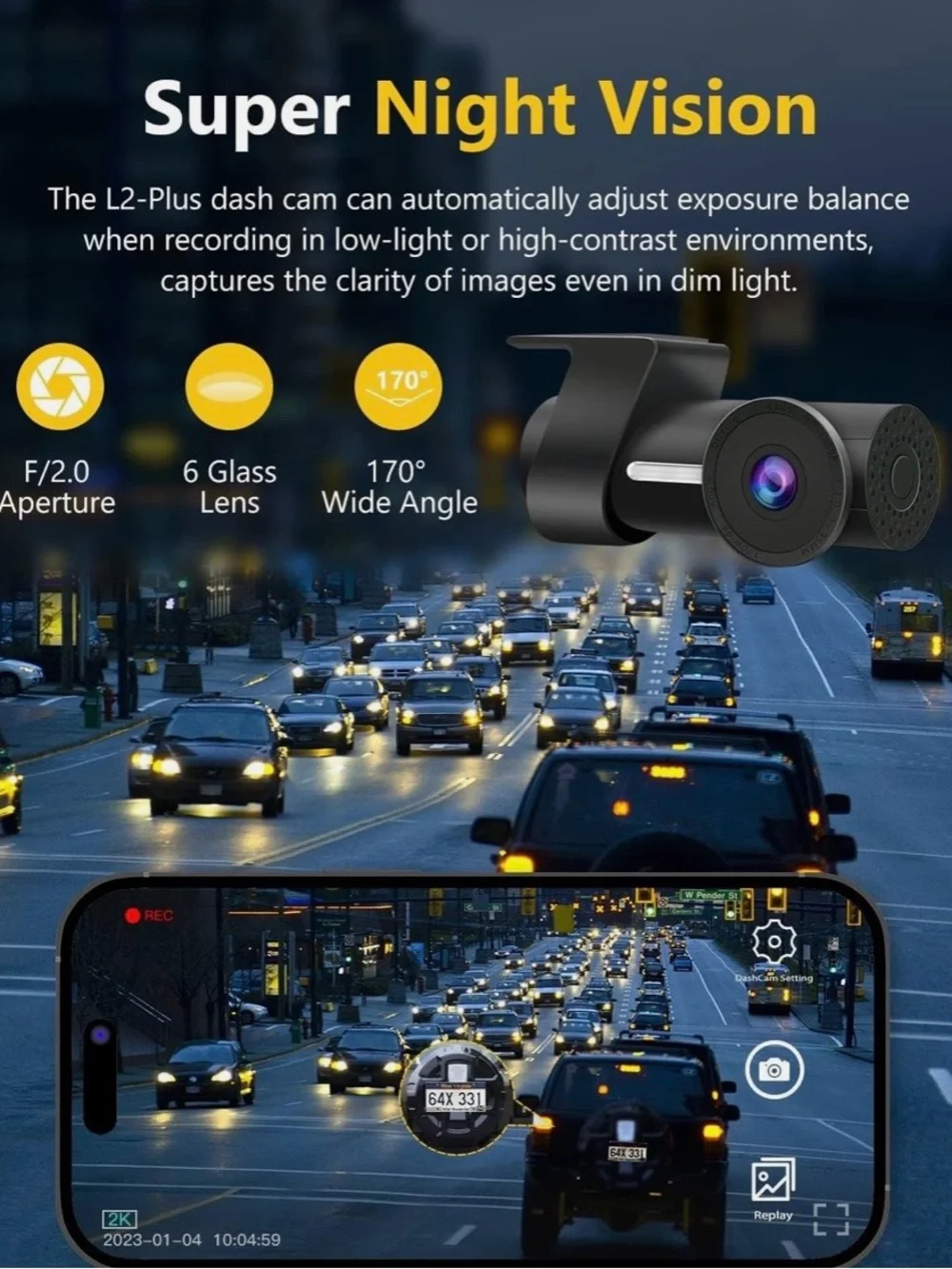 WiFi 2K Dash Cam 1440p Front Camera 32GB SD Card Night Vision G-Sensor Sealed NI